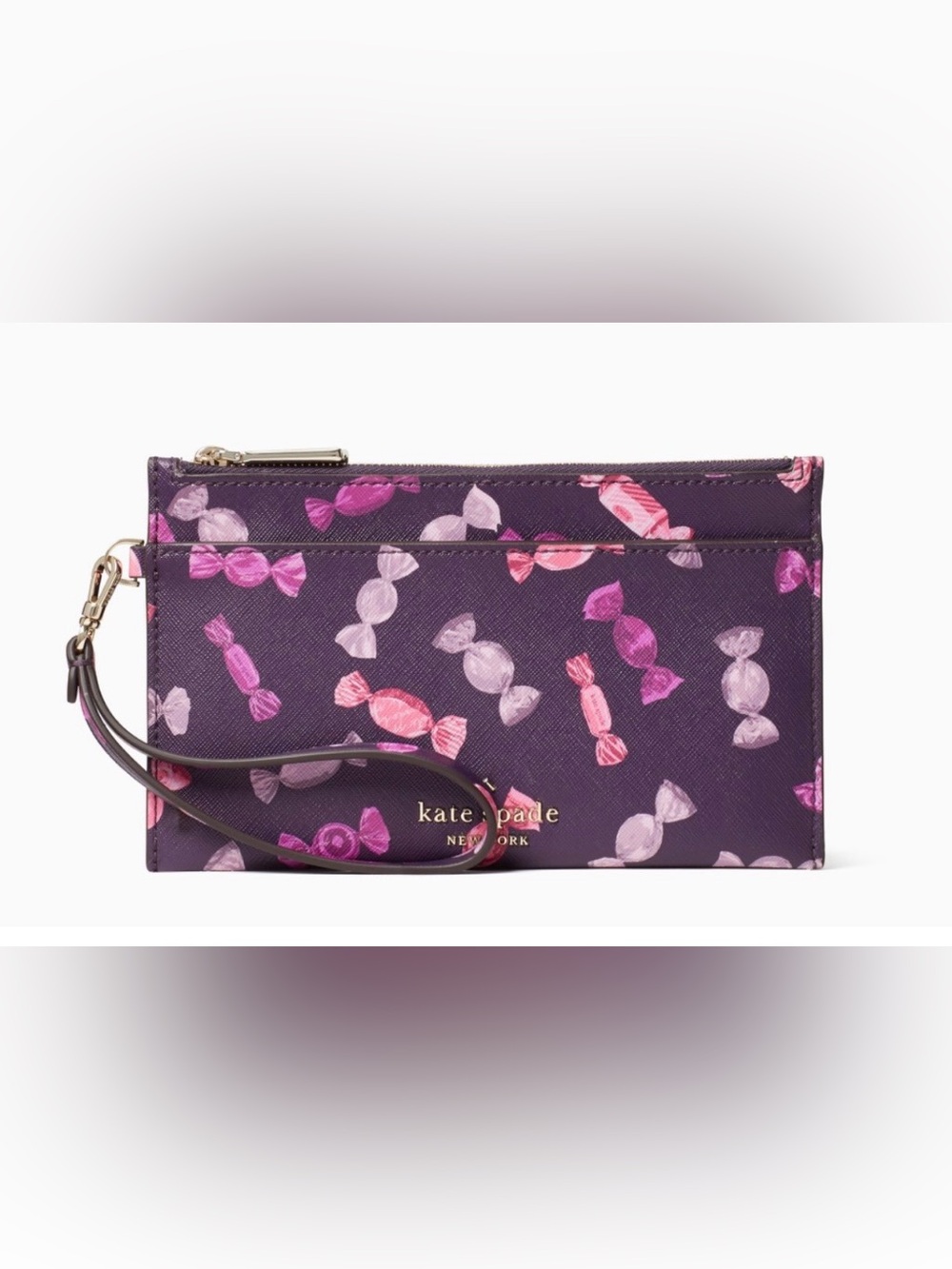 kate spade purple wristlet with pink candy print